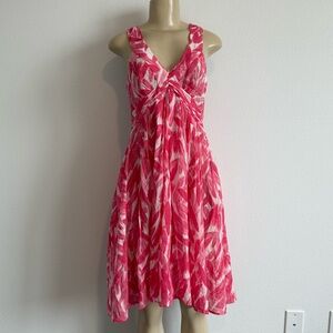 Anthropologie Postmark Feather Print Crossback Pink Dress Midi Sleeveless Hi Low